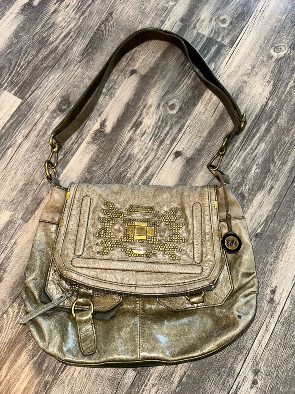 The Sak Leather Studded Boho Shoulder Bag Distressed Metallic Hobo Purse